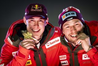 Franjo von Allmen, champion du Monde de descente et Alexis Monney, médaillé de bronze.