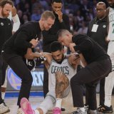 Jayson Tatum est sur la touche pour de longs mois en raison d'une rupture d'un tendon d'Achille KEYSTONE/AP/Frank Franklin II