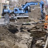 Les vestiges de la Porte de Berne, un ouvrage médiéval qui marquait l'entrée de la ville de Payerne, ont été découverts au coeur de la Grand'Rue. Keystone/JEAN-CHRISTOPHE BOTT