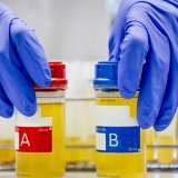 Un collaborateur du LAD, le Laboratoire suisse d'Analyse du Dopage, analyse des echantillons A et B contenant de l'urine dans le laboratoire antidopage KEYSTONE/JEAN-CHRISTOPHE BOTT