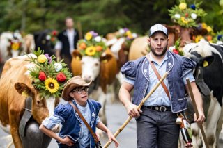 La 19e désalpe de Planfayon, fidèle à sa tradition, a été très suivie. KEYSTONE/JULIEN GRINDAT