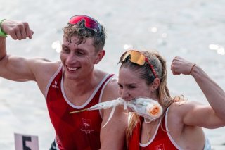 Raphaël Ahumada et Célia Dupré ont réussi une belle course à Shanghai. KEYSTONE/EPA/ALEX PLAVEVSKI