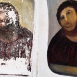 Dans ce montage de deux photos non datées fournies par le Centro de Estudios Borjanos, on voit à gauche la fresque du Christ de style Ecce Homo du XXe siècle et, à droite, la version "restaurée". Cette restauration ratée réalisée par une retraitée espagnole de 80 ans avait suscité des moqueries. KEYSTONE/AP Centro de Estudios Borjanos