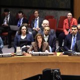 Tammy Bruce, au centre, la représentante des Etats-Unis au Conseil de sécurité de l'ONU (Archives). KEYSTONE/EPA/KENA BETANCUR