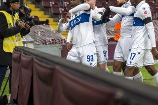 La joie des Lausannois après le but KEYSTONE/MARTIAL TREZZINI