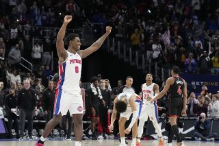 Le soulagement de Jalen Duren (0) et des Pistons au buzzer. KEYSTONE/AP/Carlos Osorio