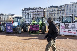 Des agriculteurs partagent les revendications des familles paysannes de France, Allemagne ou Belgique. Après l'avoir fait savoir le 3 février dernier à Genève, ils l'affirment dans une pétition signée en quelques jours par 65'000 personnes. KEYSTONE/MARTIAL TREZZINI